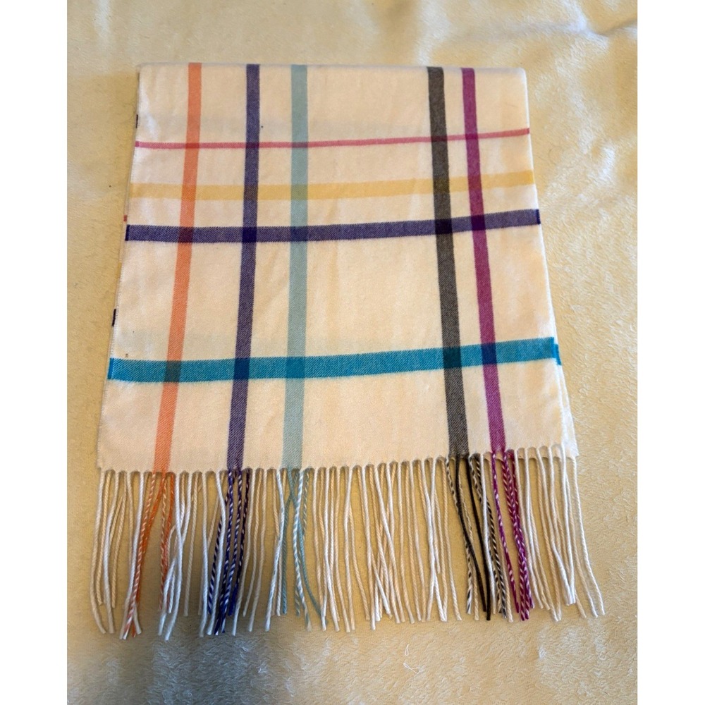 Vintage COACH LEATHERWARE 100% Cashmere Scarf Tattersall Plaid Ivory Multi 15x64